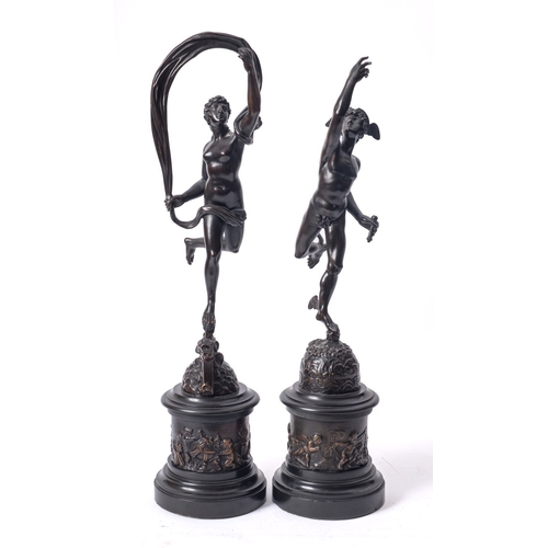 254 - A pair of Continental patinated bronze and marble mounted models of Mercury and Fortuna, circa 1900;... 