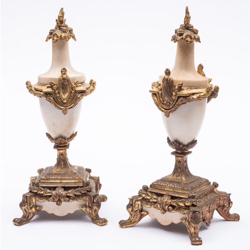 258 - A pair of Continental alabaster and gilt metal mounted side urns, late 19th century; each with folia... 