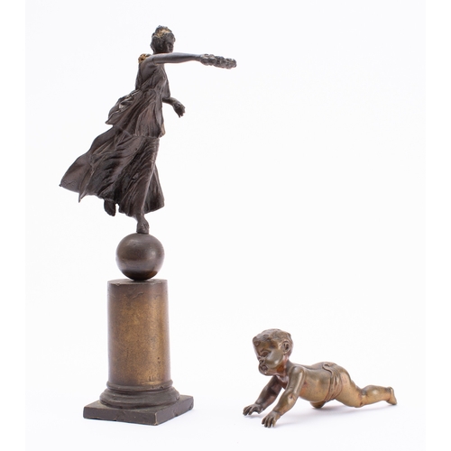 261 - A Grand Tour souvenir patinated metal model of a Nike, late 19th century; portrayed alighting on a s... 