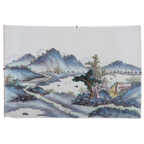 27 - A pair of Chinese famille verte porcelain rectangular plaques painted with extensive mountainous riv... 