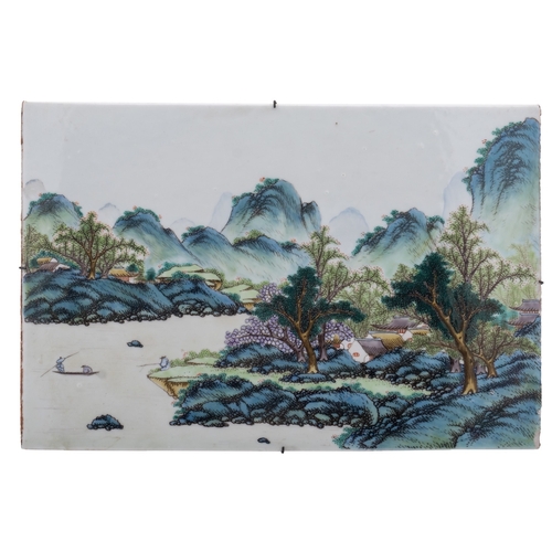 27 - A pair of Chinese famille verte porcelain rectangular plaques painted with extensive mountainous riv... 