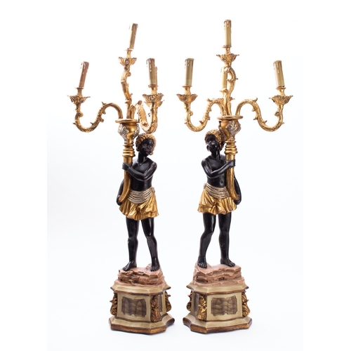 288 - WITHDRAWN  LOT   A pair of painted composition four light figural candelabra in 18th century taste, ... 