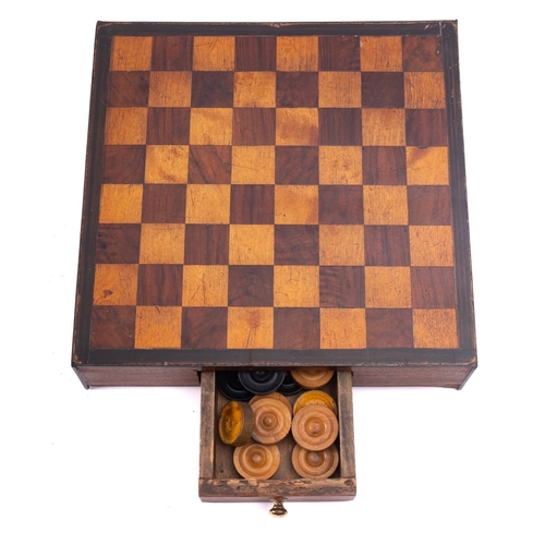 324 - A Victorian lacquered papier mache hinged chess or draughts board, mid 19th century; with parcel gil... 