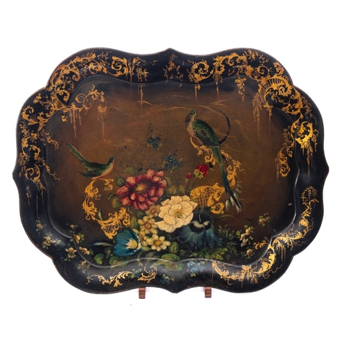 325 - A Victorian painted, lacquered and parcel gilt papier mache tray, circa 1865; of cartouche form, wit... 