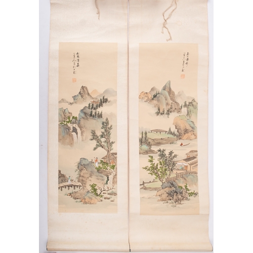 335 - A set of four Chinese scroll paintings signed Shiyun; and a group of small paintings on pith paper t... 