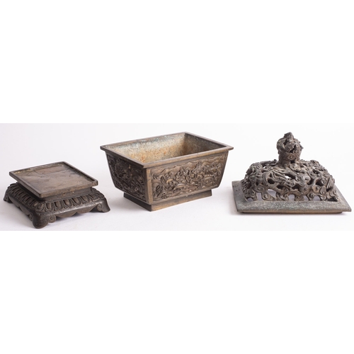 336 - A Chinese bronze censer, cover and stand cast in relief with dragons, phoenix and mythical beasts, a... 