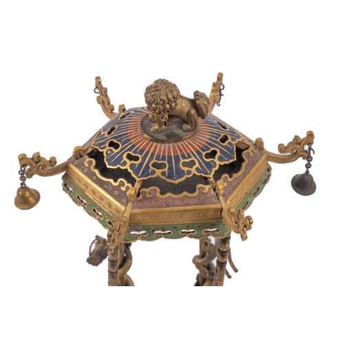 337 - A Chinese gilt-bronze, champlevé and cloisonné enamel 'pagoda' incense holder the hexagonal roof wit... 