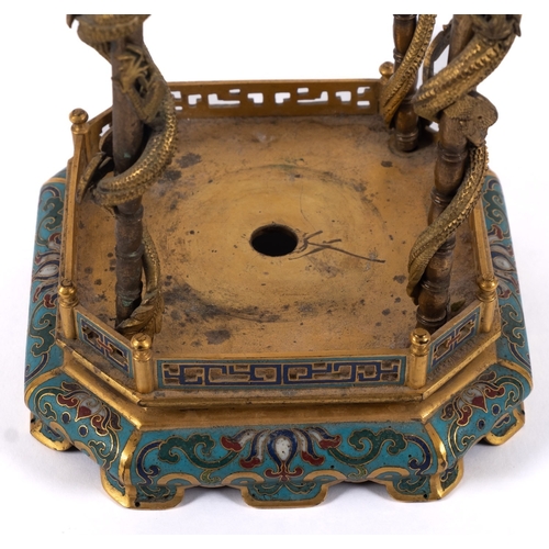 337 - A Chinese gilt-bronze, champlevé and cloisonné enamel 'pagoda' incense holder the hexagonal roof wit... 