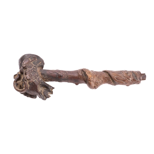 355 - A Chinese rootwood pipe carved with a qilin and a  lobster amongst peaches, flowers and foliage, 19t... 