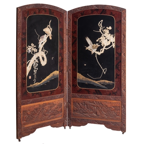 360A - A Japanese carved, lacquered, bone and mother-of-pearl inset two-fold screen, early 20th century; th... 