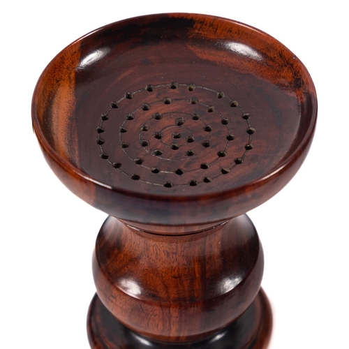 392 - An 18th Century lignum vitae pounce pot, with circular dished top, turned baluster stem and circular... 