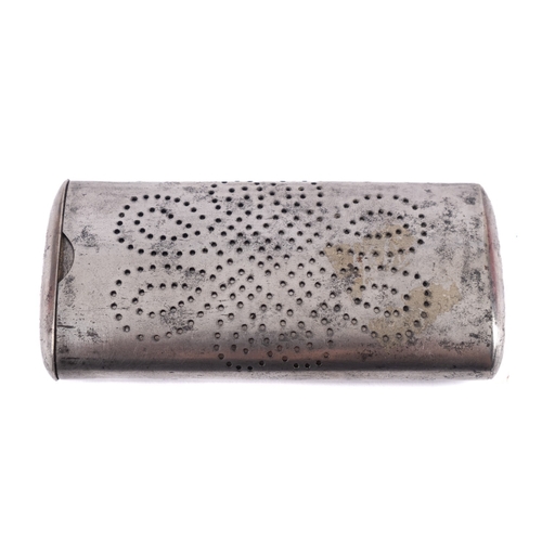 416 - An 18th Century steel snuff box, of rectangular shape with slide out end and perforated back, the fr... 