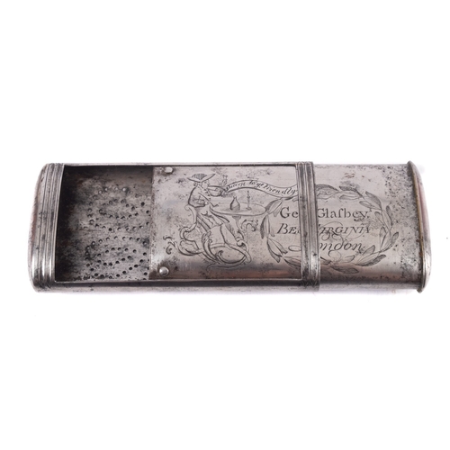 416 - An 18th Century steel snuff box, of rectangular shape with slide out end and perforated back, the fr... 