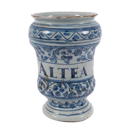 48 - An Italian blue and white maiolica albarello, probably Savona, inscribed 'VNGo ALTEA SEMP' within fl... 