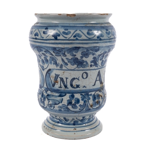 48 - An Italian blue and white maiolica albarello, probably Savona, inscribed 'VNGo ALTEA SEMP' within fl... 