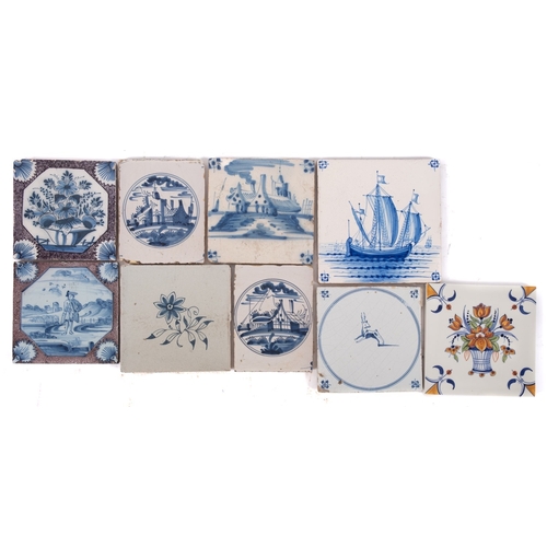 49 - A group of English and Dutch delftware tiles, mid 18th century and later including a blue and mangan... 