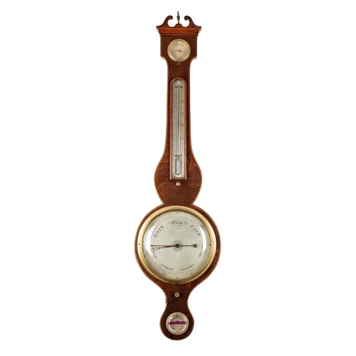 549 - A Georgian mahogany wheel barometer the eight-inch silvered dial with usual barometer scales, blued-... 