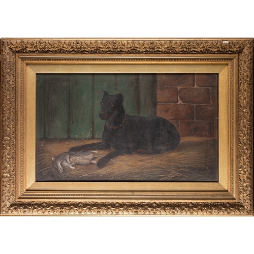 610 - George Willis-Pryce (British, 1866–1949)  - Doberman by a dead rat in a stable -  Oil on canvas - 34... 