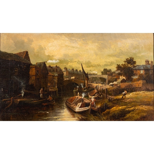 613 - British School, 19th Century - Industrial river scene with barges, figures, wagons and a steam train... 