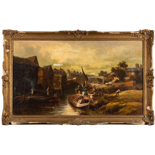 613 - British School, 19th Century - Industrial river scene with barges, figures, wagons and a steam train... 