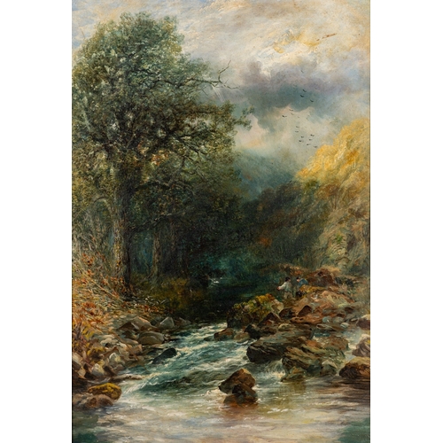 615 - William Widgery (British, 1826-1893) - Landscape scenes with woodland streams - Pair of oils on boar... 