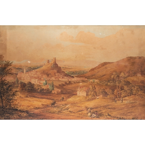 627 - Francis Nicholson (British, 1753-1844) - View of a fortified town in a landscape with figures - Wate... 