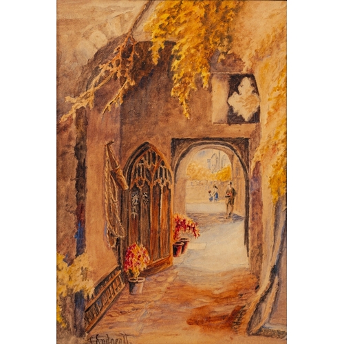 654 - Lily Endacott (wife of Sidney Endacott, 1873-1918) -
Courtyard at Cathedral Close in Exeter -
Two wa... 