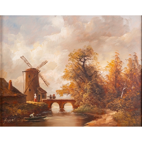 660 - Jan Van Hessel (Dutch, 20th Century) - Dutch river scenes; The windmill by the bridge and Dutch cott... 