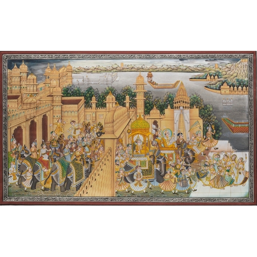 665 - Rajasthani School - Processions of elephants in Udaipur - A pair of parcel gilt watercolour illustra... 