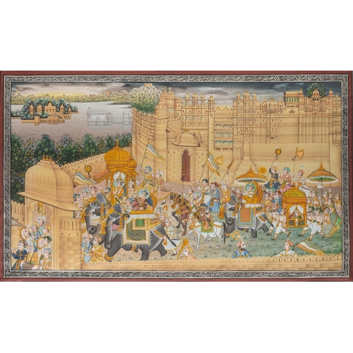 665 - Rajasthani School - Processions of elephants in Udaipur - A pair of parcel gilt watercolour illustra... 