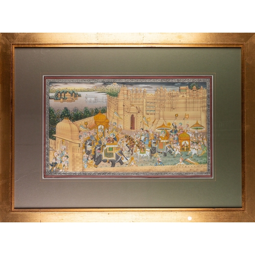 665 - Rajasthani School - Processions of elephants in Udaipur - A pair of parcel gilt watercolour illustra... 