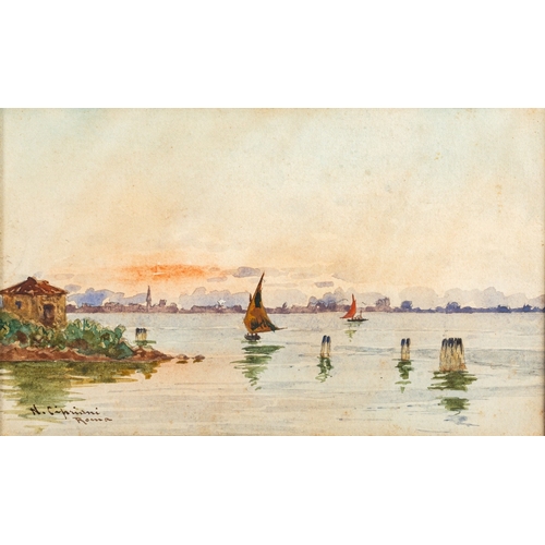 670 - Nazzareno Cipriani (Italian, 1843-1925) - Sailboats off the shore in sunset - Watercolour - 9.5 x 15... 