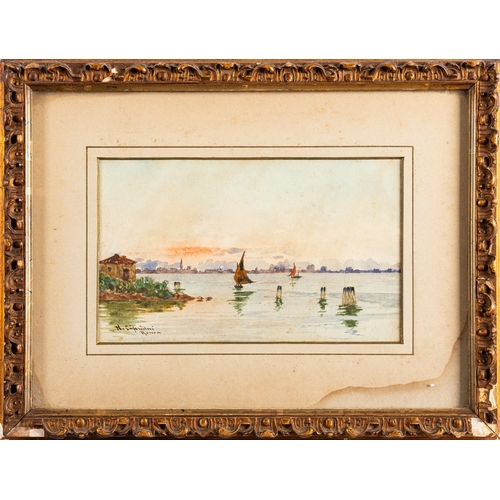 670 - Nazzareno Cipriani (Italian, 1843-1925) - Sailboats off the shore in sunset - Watercolour - 9.5 x 15... 