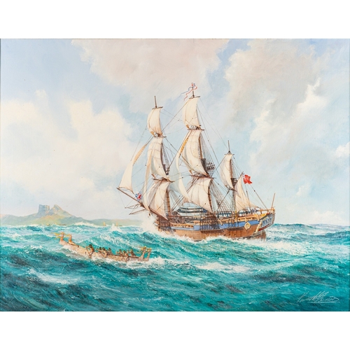 704 - Kenneth Carter  (British, 20th Century) - Captain Cook arriving in Tahiti - Oil on canvas - 70 x 90c... 