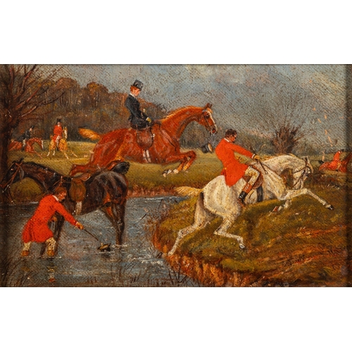 706 - British School, 19th Century - Hunting scene with horse jumping across a pond - Oil on panel - Indis... 