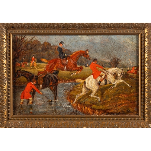 706 - British School, 19th Century - Hunting scene with horse jumping across a pond - Oil on panel - Indis... 