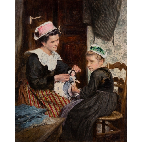 709 - Alexis Vollon (French, 1865-1945) - Dressing the Doll - Oil on canvas - 54.5 x 44cm - Signed lower l... 