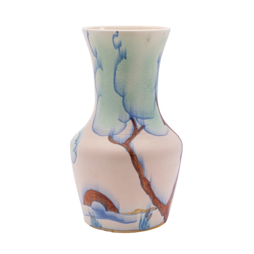 71 - A Clarice Cliff Bizarre vase, shape 385, painted in muted tones in the Gloria Bridge pattern, printe... 