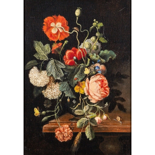 720 - R. Waite (British, 20th Century) - Still life of poppies, roses, hydrangeas with butterflies and ins... 