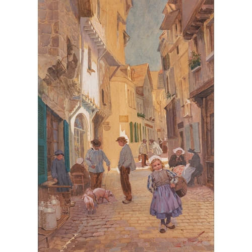 726 - Lex de Renault (French, 19th/20th Century) - Street scene in Vitre, Brittany, France - watercolour -... 