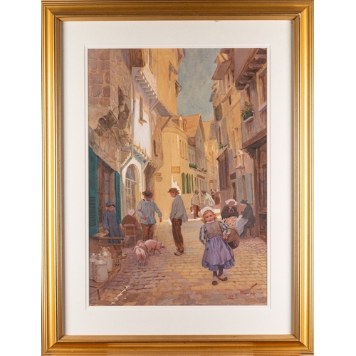 726 - Lex de Renault (French, 19th/20th Century) - Street scene in Vitre, Brittany, France - watercolour -... 