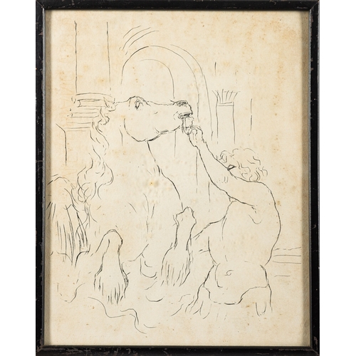 733 - Attributed to Katerina Wilczynski (Polish, 1894-1978) -  Man with horse - Pen and ink - 27.5 x 21.5c... 