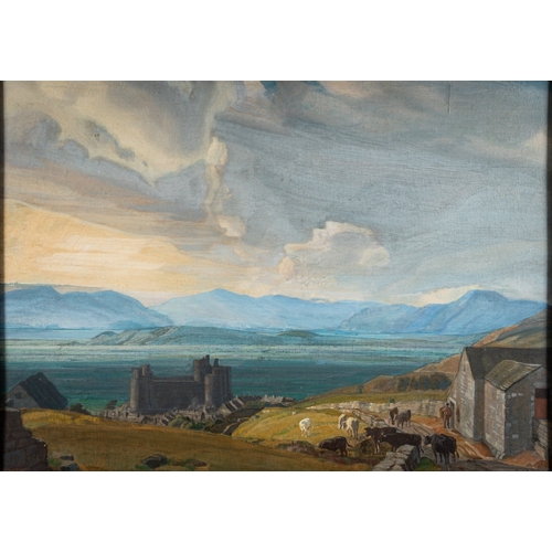 735 - *Charles March Gere RA RWS (British, 1869-1957) - Extensive view of the Harlech Castle, with cattle ... 