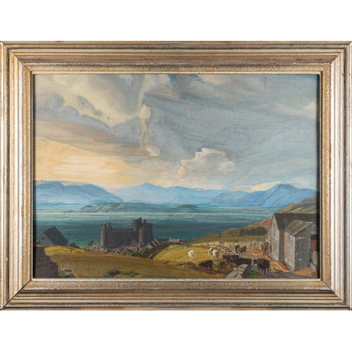 735 - *Charles March Gere RA RWS (British, 1869-1957) - Extensive view of the Harlech Castle, with cattle ... 