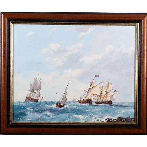 738 - Graham Jowett-Ive (British, 1946 -2012)  Dutch and Danish ships off the coast Two oils on board Each... 