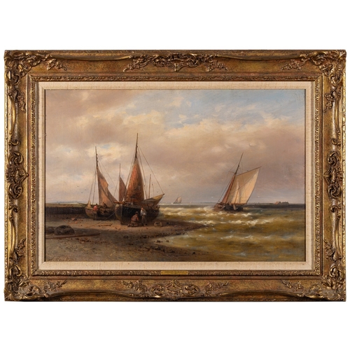 739 - Abraham Hulk, Snr. (British, 1813-1897) Beached fishing boats with others at sea in the distance Oil... 