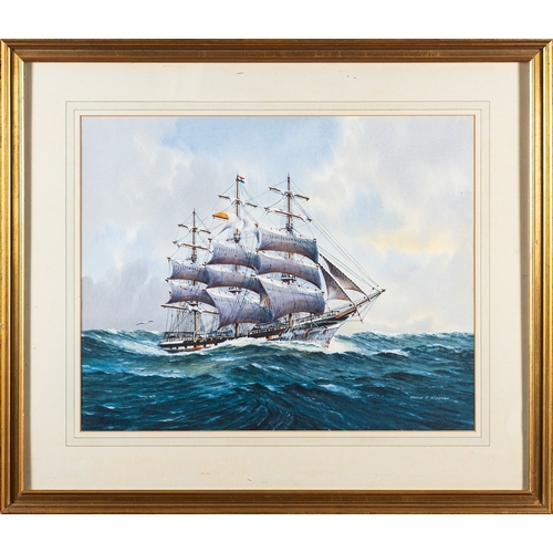 744 - George P. Wiseman (Scottish 1906 - 1986) - A three-master clipper on choppy seas - Gouache and water... 