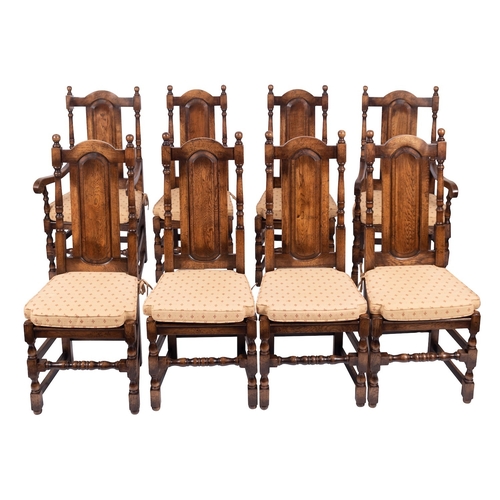 754 - A set of eight oak dining chairs in 17th century style, of recent manufacture; including two elbow c... 