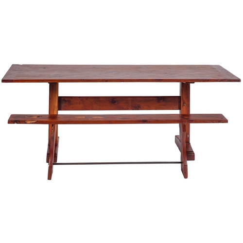 779 - A yew wood trestle table, 20th century; the cleated rectangular top on straight supports to the tres... 