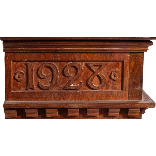 784 - A George V walnut and parquetry cupboard in 17th century taste, dated 1928; with moulded cornice abo... 